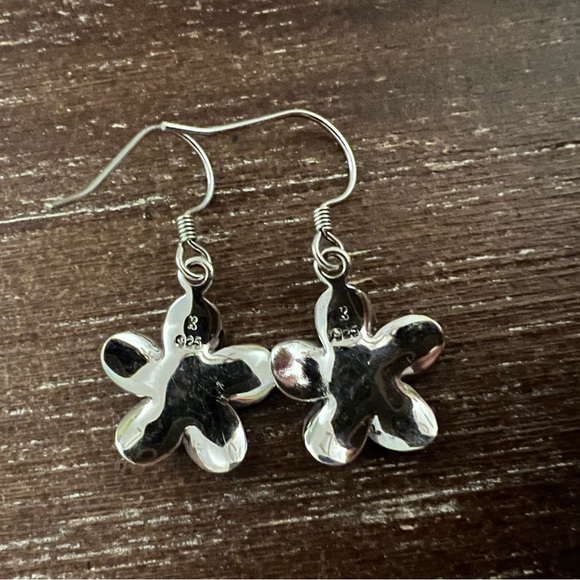 Plumeria CZ Sterling Silver Floral Dangle Drop Earrings. - Picture 6 of 8